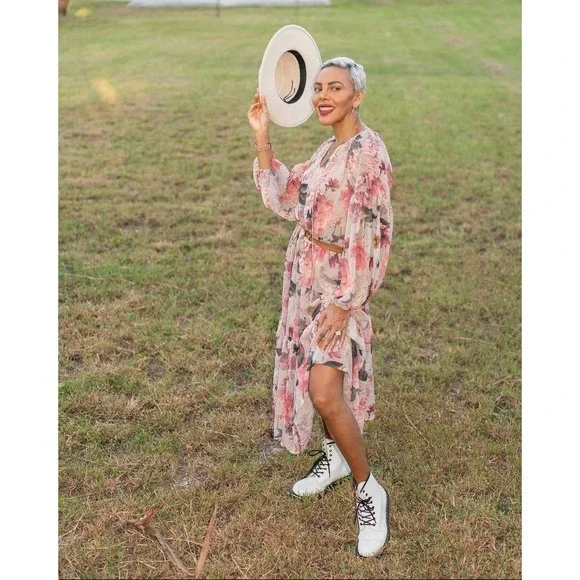 Chiffon Wide Cut Floral Dress Balloon Slee… - Picture 12 of 14